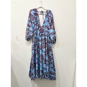 Tensione In Cotton Puff Sleeve Floral Tiered Maxi Sundress Blue/Brown Women's S